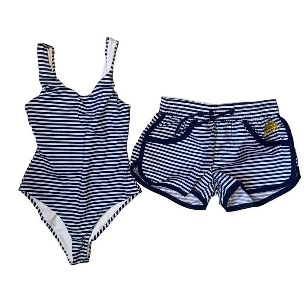 Sundek Girl Striped Swim Suit and matching swim shorts NWOT